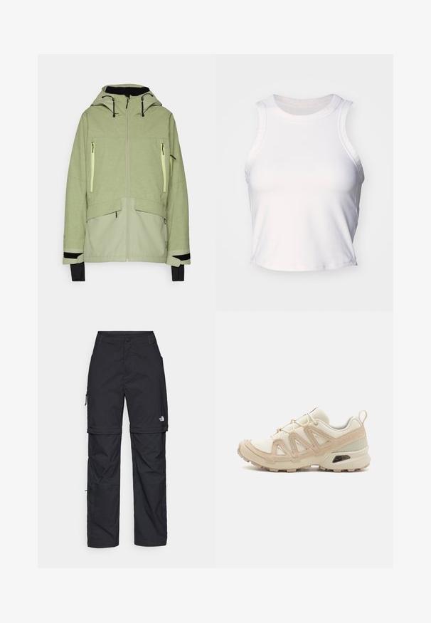 Hellgrüne Jacke mit strukturiertem Finish, ausgestattet mit Kapuze, Reißverschlusstaschen und schwarzen Akzenten an den Bündchen und dem Saum.; Weißes ärmelloses Croptop aus glattem, dehnbarem Stoff. Besitzt einen runden Ausschnitt und dezente Nähte entlang der Kanten.; Schwarze Nylon-Zip-Off-Cargohosen mit verstellbaren Bündchen, mehreren Taschen und einem Logo am rechten Bein. Glatte, leichte Textur.; Beige und cremefarbenen Sportschuh mit strukturiertem Mesh-Obermaterial, unterstützenden Überzügen und Gummisohle mit einem Profilmuster für Bodenhaftung.