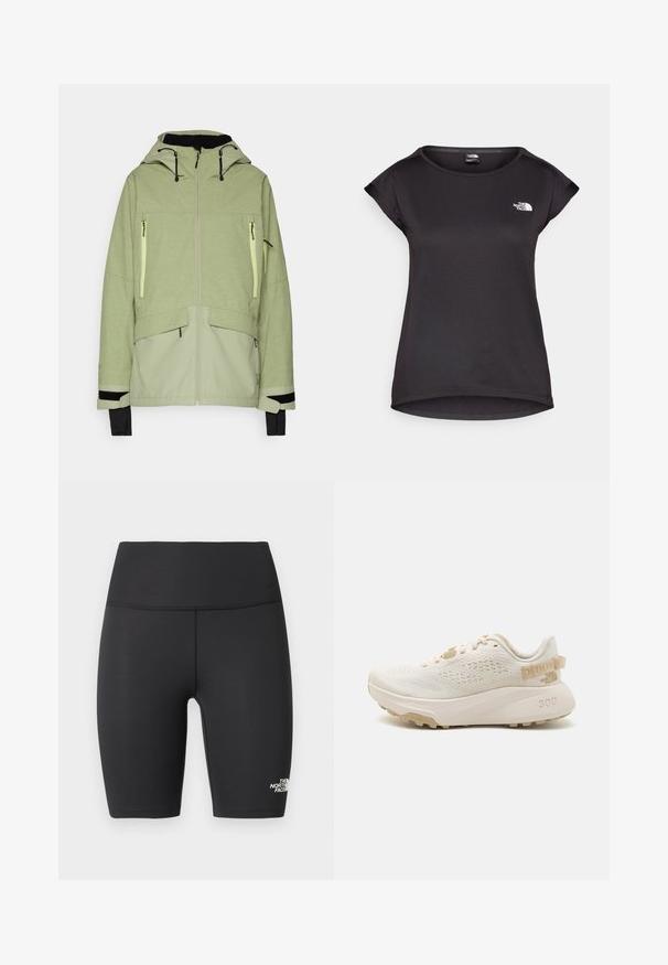 Hellgrüne Jacke mit strukturiertem Finish, ausgestattet mit Kapuze, Reißverschlusstaschen und schwarzen Akzenten an den Bündchen und dem Saum.; The North Face TANKEN TANK - Sport T-Shirt - black; Schwarze, hochgeschnittene, sportliche Biker-Shorts mit flachen Nähten und The North Face-Logo am unteren linken Bein.; Helle beige Sportschuh mit Mesh-Obermaterial, strukturierten Mustern, gepolstertem Zungenbereich und kontrastierender Sohle. Verfügt über dezente Markenlogos an der Ferse.