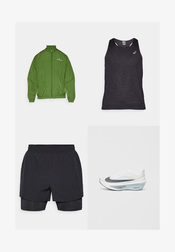 Green lightweight windbreaker jacket with a high collar, front zip, elastic cuffs, and waistband; features a logo on the left chest.; Black athletic tank top with a V-neck, featuring textured geometric patterns and a reflective logo on the upper left side. Lightweight fabric.; Black athletic shorts with an elastic waistband, layered design, and a fitted inner lining. Smooth texture, designed for comfort.; White athletic shoe with a grey mesh upper, a blue ZoomX foam midsole, and a curved outsole for enhanced propulsion and comfort.