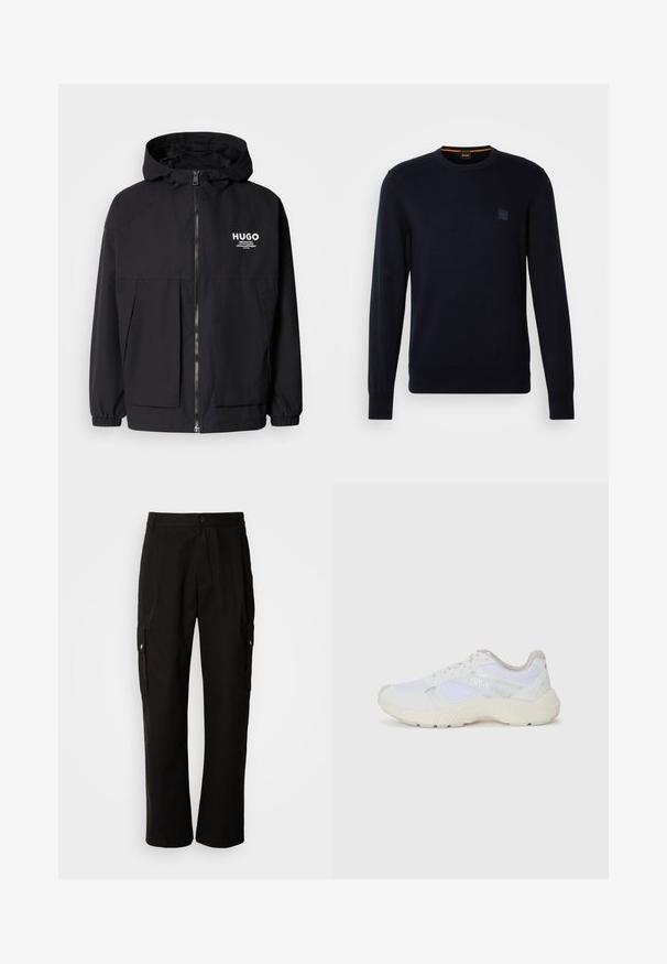 Chaqueta negra con capucha que presenta un cierre frontal completo, puños elásticos y dos bolsillos frontales. Logo impreso en el lado izquierdo del pecho. Textura suave.; Jersey de punto azul marino con mangas largas, cuello redondo, puños y dobladillo acanalados, que presenta un pequeño parche con logotipo cuadrado en el pecho.; Pantalones cargo negros de algodón con un corte relajado, que cuentan con bolsillos laterales, cierre de botón y perneras rectas. Diseño simple sin patrones.; Zapatillas deportivas blancas hechas de malla y ante, con una entresuela texturizada, acentos texturizados y el logo "HUGO" en el lateral.
