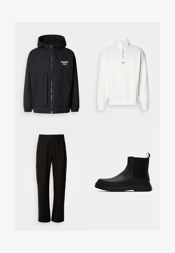 Svart huva jacka med full dragkedja fram, elastiska ärmslut och dubbla framfickor. Tryckt logotyp på vänster bröst. Slät textur.; Vit sweatshirt med hög krage och halvdragkedja, med en liten svart "HUGO"-logotyp centrerad på bröstet. Mjuk tygtextur.; Svarta cargobyxor i bomull med avslappnad passform, utrustade med sidofickor, knapplås och raka ben. Enkelt design utan mönster.; Svarta ankelstövlar med en slät yta, elastiska sidopaneler och en kontrasterande röd dragflik, med en tjock gummisula och rund tå.