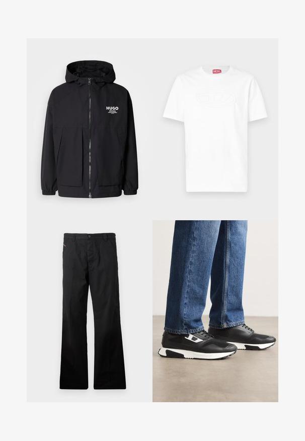 Fekete kapucnis dzseki, teljes elülső cipzárral, elasztikus mandzsettákkal és két elülső zsebbel. Nyomtatott logó a bal mellen. Simább textúra.; Fehér rövid ujjú, kereknyakú póló, dombornyomott ovális logóval a mellkason, belül a gallérban vörös Diesel márkajelzéssel.; Fekete, pamut, egyenes szabású nadrág gombos záródással. Oldalsó zsebekkel rendelkezik, minimalista dizájnnal, látható minták vagy akcentusok nélkül.; Fekete sportcipők texturált bőr és hálós anyag felső résszel, fehér középtalppal és oldalsó díszítéssel. Kék farmernadrággal viselve.