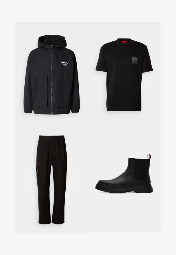 Black hooded jacket featuring a full front zip, elastic cuffs, and dual front pockets. Printed logo on the left chest. Smooth texture.; Black cotton T-shirt with a crew neck, featuring a textured black patch with logo on the left chest. Short sleeves and relaxed fit.; Black cargo pants made of cotton with a relaxed fit, featuring side pockets, a button closure, and straight legs. Simple design without patterns.; Black ankle boot with a smooth finish, elastic side panels, and a contrasting red pull tab, featuring a thick rubber sole and rounded toe.