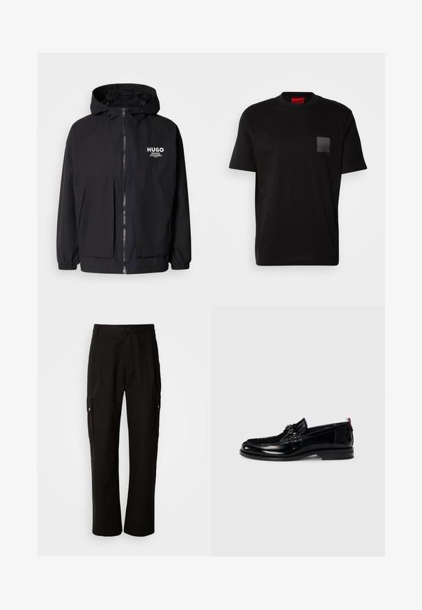 Svart huva jacka med full dragkedja fram, elastiska ärmslut och dubbla framfickor. Tryckt logotyp på vänster bröst. Slät textur.; Svart bomullströja med rund halsringning, med en texturerad svart lappar med logo på vänster bröst. Korta ärmar och avslappnad passform.; Svarta cargobyxor i bomull med avslappnad passform, utrustade med sidofickor, knapplås och raka ben. Enkelt design utan mönster.; Svarta lacklädersloafer med låg klack, dekorativ sömnad och en silverfärgad spänne. Har en kontrasterande röd dragflik på baksidan.