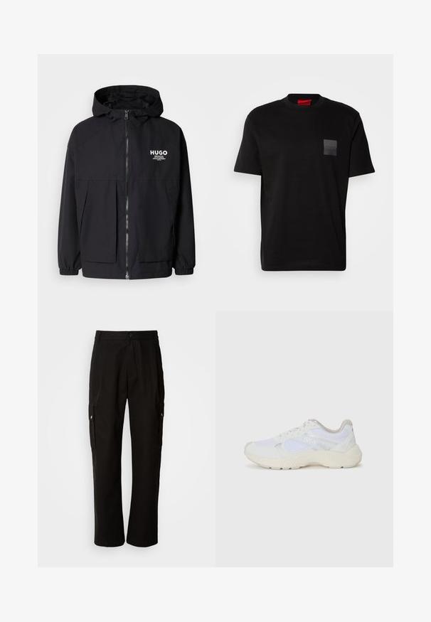 Fekete kapucnis dzseki, teljes elülső cipzárral, elasztikus mandzsettákkal és két elülső zsebbel. Nyomtatott logó a bal mellen. Simább textúra.; Fekete pamut póló kerek nyakkal, bal mellrészen textúrázott fekete folttal, amelyen logó látható. Rövid ujjak és laza fazon jellemzi.; Fekete vászont nadrág laza szabással, oldalsó zsebekkel, gombos záródással és egyenes lábakkal. Egyszerű minta nélküli design.; Fehér sportcipők, amelyek hálós és velúr anyagból készültek, texturált középtalppal, texturált részletekkel és a "HUGO" logóval az oldalon.