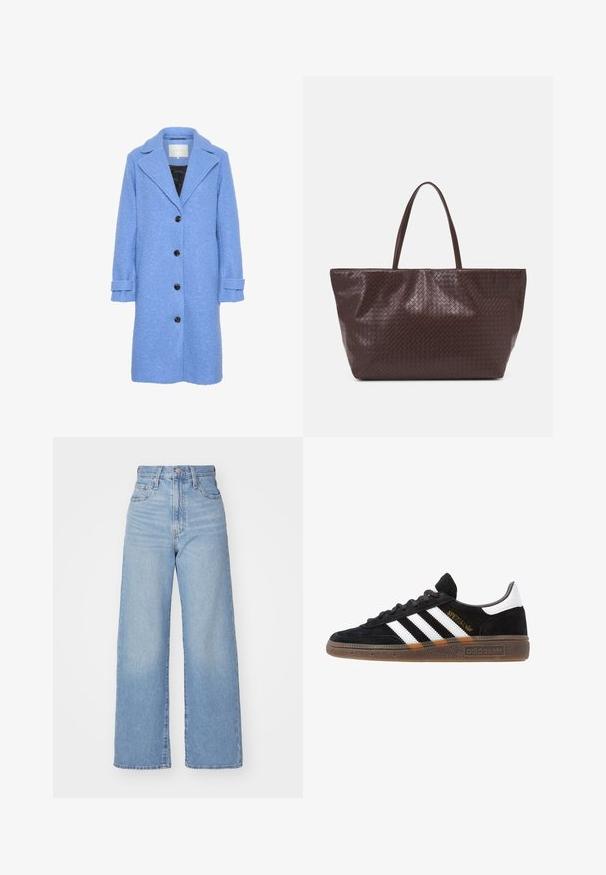 Palton texturat albastru cu o siluetă dreaptă, rever mari și cinci nasturi negri. Prezintă manșete răsucite și un interior negru.; Top roz fără mâneci, cu decolteu în V, având detalii cu smocuri și un imprimeu floral. Flori roșii mici sunt împrăștiate pe un fond cu buline.; Jeans cu talie înaltă, de culoare albastru deschis, cu croială largă, dotate cu nasture și fermoar la față, buzunare în față și spate, pe un fundal alb.; Sneaker Adidas negre cu dungi albe, text aurit "Spezial", talpă din cauciuc și tab de călcare alb, prezentat din vedere laterală.; Geantă din piele împletită maro, cu două mânere, formă structurată și suprafață texturată, având un model în diamant pe toată suprafața.