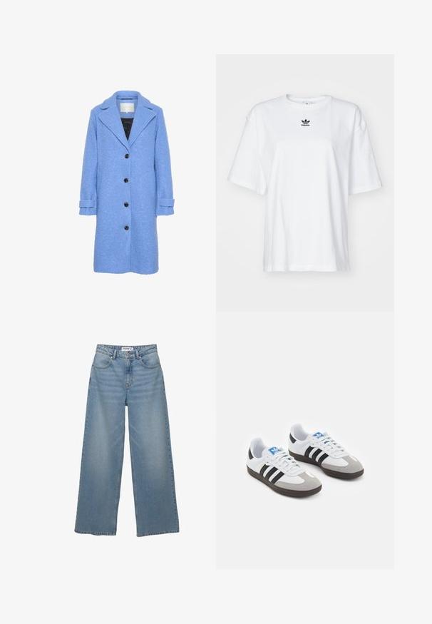 Blå texturerad kappa med rak silhuett, stora slag och fem svarta knappar. Har uppvikt ärm och svart inredning.; Vit kortärmad T-shirt i bomull. Har rund halsringning och en liten svart Adidas-logotyp på bröstet. Rakt skuren fåll.; Ljusblå vida jeans i denim. Utrustade med hög midja, fem fickor och rak passform med minimal blekning.; Sportskor med överdel i vit läder, grå mocka på tårna och tre svarta ränder. Har en blå logotyp på tungan och en texturerad gummisula.