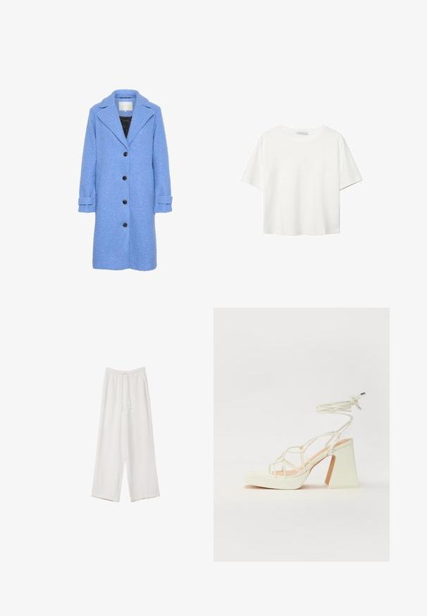 Modrá texturovaná bunda se střihem do rovné siluety, velkými klopami a pěti černými knoflíky. Má ohrnuté manžety a černý interiér.; Bílý krátký rukáv tričko vyrobené z bavlny. Má kulatý výstřih a volný střih. Hladký materiál bez viditelných vzorů nebo akcentů.; Bílé široké kalhoty vyrobené z lehké tkaniny. Mají elastický pas se šňůrkou a boční kapsy. Hladká textura.; Bílé sandály na vysokém podpatku s robustním podpatkem, s designem s pásky a zavazováním kolem kotníku. Hladký povrch s platformou vpředu pro zvýšení výšky.