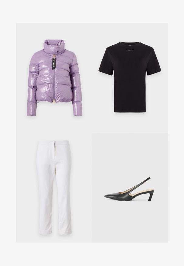 Casaco puffer roxo com acabamento brilhante, gola alta, fecho total e etiqueta. Apresenta um design cropped e textura acolchoada.; T-shirt preta de algodão com mangas curtas, decote redondo e pequeno logótipo branco "Calvin Klein" no peito. Textura suave, ajuste clássico.; Calças de algodão brancas com um design de perna reta, apresentando uma cintura de altura média e sem hardware ou padrões visíveis. Textura suave por toda a peça.; Sandal com bico fino e calcanhar baixo, em couro liso, com um design recortado na lateral para respirabilidade.