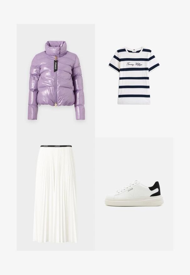 Fialová péřová bunda s lesklým povrchem, vysokým límcem, plným zipem a visačkou. Disponuje zkráceným střihem a prošívanou strukturou.; Bavlněné tričko s horizontálními námořnickými pruhy na bílém pozadí. Na hrudi je výšivka "Tommy Hilfiger" v kurzívě. Kulatý výstřih.; Záhybová bílá sukně s černým elastickým pasem s logem "LACOSTE". Suška je střední délky a má jemnou texturu.; Bílé kožené tenisky s tlustou bílou podrážkou, černým semišovým akcentem na patě a vyraženým logem na boku. Šněrovací design se šesti očka.