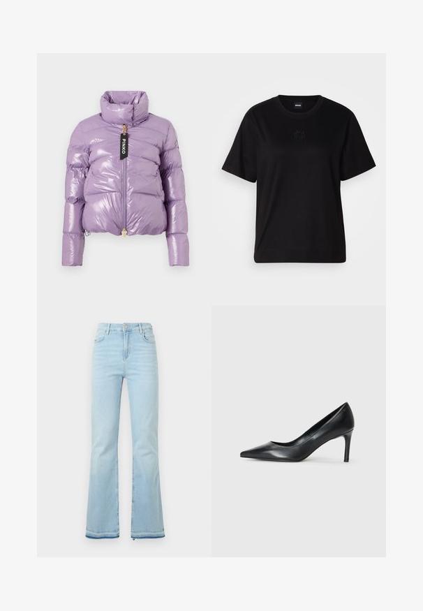 Fialová péřová bunda s lesklým povrchem, vysokým límcem, plným zipem a visačkou. Disponuje zkráceným střihem a prošívanou strukturou.; Černé bavlněné tričko s kulatým výstřihem, krátkými rukávy a vyšitým logem na hrudi. Jednoduchý, volný střih bez vzorů.; Světle modré rozšířené džíny vyrobené z denimové látky, s vysokým pasem, předními kapsami a surovým lemem na manžetách pro uvolněný vzhled.; Černé kožené lodičky s špičatou špičkou a štíhlým podpatkem, hladký povrch a žádné viditelné ozdoby. Čistý design s minimalistickou estetikou.