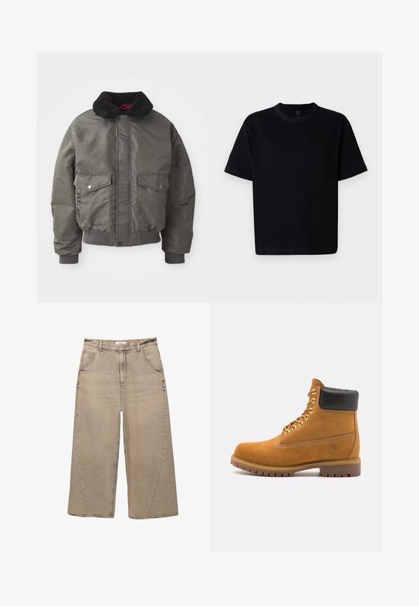 Podložena bomberska jakna v olivno zeleni barvi, ki ima črn umetni krzneni ovratnik, dva sprednja žepa ter rebraste manšete in rob. Gladka tekstura.; Črna bombažna majica s krojem okoli vratu, kratkimi rokavi in ravnim krojem. Ima minimalno šivanje in mehko, gladko teksturo.; PULL&BEAR MEGA BAGGY - Vrečaste kavbojke - light grey; Svetlo rjave anklne čizme iz semiša z črnim oblazinjenim ovratnikom, zlatimi kovinskimi očesci, belimi šivi in robustnim gumijastim podplatom s izrazitimi tredi.