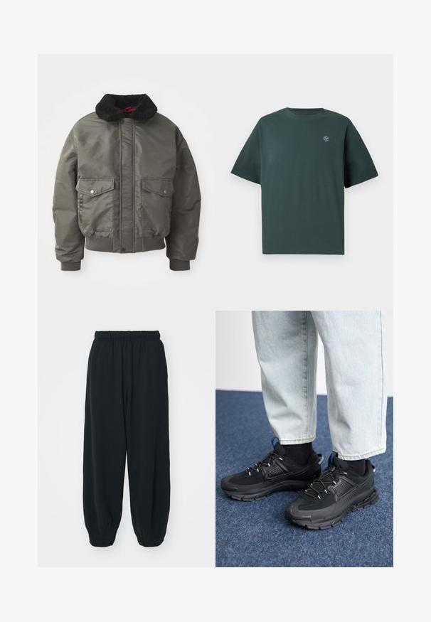 Padded bomber jacket in olive green, featuring a black faux fur collar, two front pockets, and ribbed cuffs and hem. Smooth texture.; Dark green cotton t-shirt with short sleeves, crew neck, and small light blue logo on the left chest. Smooth texture, relaxed fit.; Black, elasticated-waist sweatpants with a loose fit, cuffed ankles, smooth texture, and no visible patterns or hardware accents.; Black athletic shoes with textured fabric and rubber soles, featuring elastic laces and a blue accent on the heel. Worn with light denim pants.