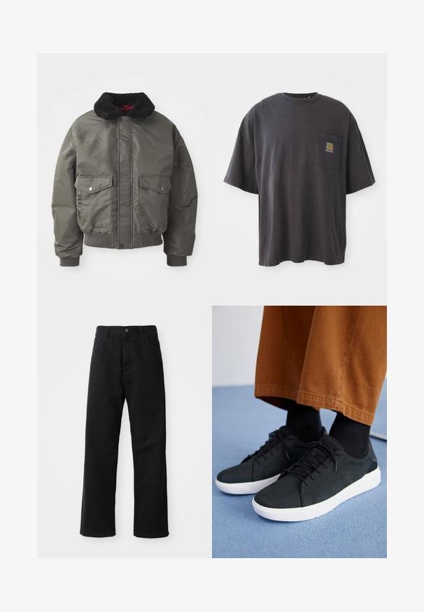 Pufains bomberis jaku olīvu zaļā krāsā, ar melnu mākslīgās pūkas apkakli, diviem priekšējiem kabatām un ribotām piedurknēm un apakšmalu. Gluda tekstūra.; Melna kokvilnas t-krekls ar īsām piedurknēm, apaļu kakla izgriezumu un kreisajā krūšu daļā esošu kabatu ar kvadrātveida logo uzlīmi. Vienkāršs un bez rotājumiem dizains.; Melnas džinsu bikses ar taisnu griezumu, ar priekšējiem kabatām, rāvējslēdzēju un vienu augšējo pogu. Tekstūrēta auduma matēta virsma.; Melnas zamšādas kedas ar baltām gumijas zolēm, ar saistāmām auklām, tekstūrētām detaļām un diskrētu zīmolu, apvienotas ar brūniem biksēm.