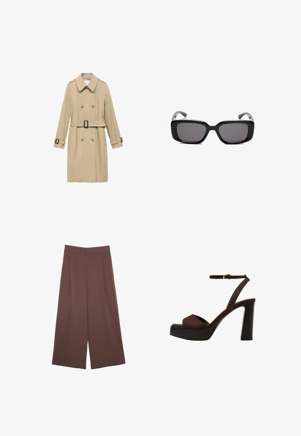 Beženi trench kaput s dvostrukim kopčanjem, epauletama na ramenima, pojasom u struku i dugmadima na manžetama.; Svijetlo bež majica kratkih rukava s okruglim izrezom, izrađena od meke, glatke tkanine. Karakterizira je opušteni kroj i ravni rub.; Smeđe hlače širokog kroja s glatkom teksturom, koje imaju visok struk i nabore sprijeda. Tkanina je lagana i slobodno se kreće.; Smeđe zamšaste sandale s visokim potpeticama, otvorenim prstima, podesivom trakicom oko gležnja i prugastom platformom.; Crne pravokutne sunčane naočale s tamnim lećama, glatkim plastičnim okvirom i zakrivljenim državama. Dizajn je masivan s minimalističkom estetikom.