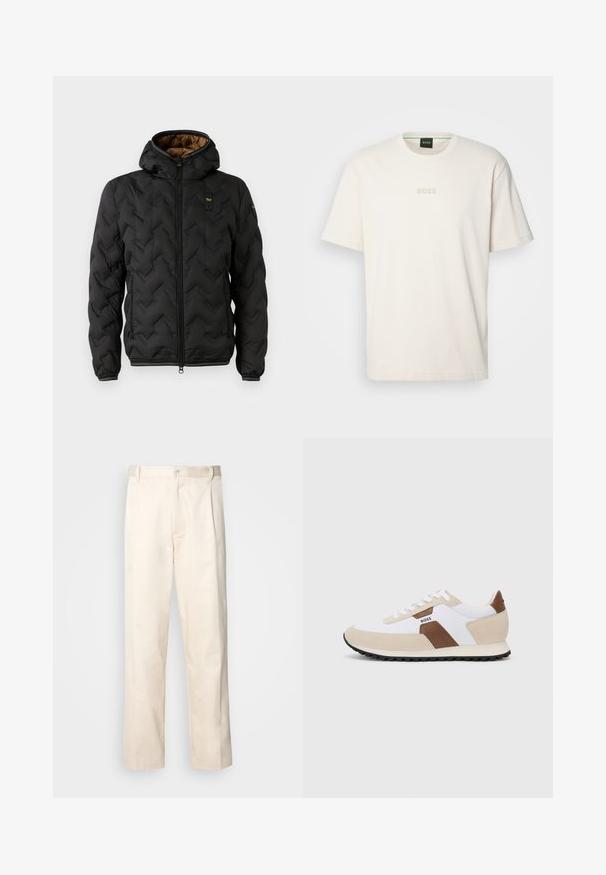 Black puffer jacket with a hood, featuring a quilted chevron pattern, zip front, and elastic cuffs. Brown interior lining and logo detail.; BOSS TEE - Basic T-shirt - open white; Beige cotton trousers with a straight-leg cut, featuring a button closure and pleats at the front for added detail.; Sneakers featuring a mix of white mesh and beige suede, with a brown leather accent. Rounded toe, flat rubber sole, and lace-up design.