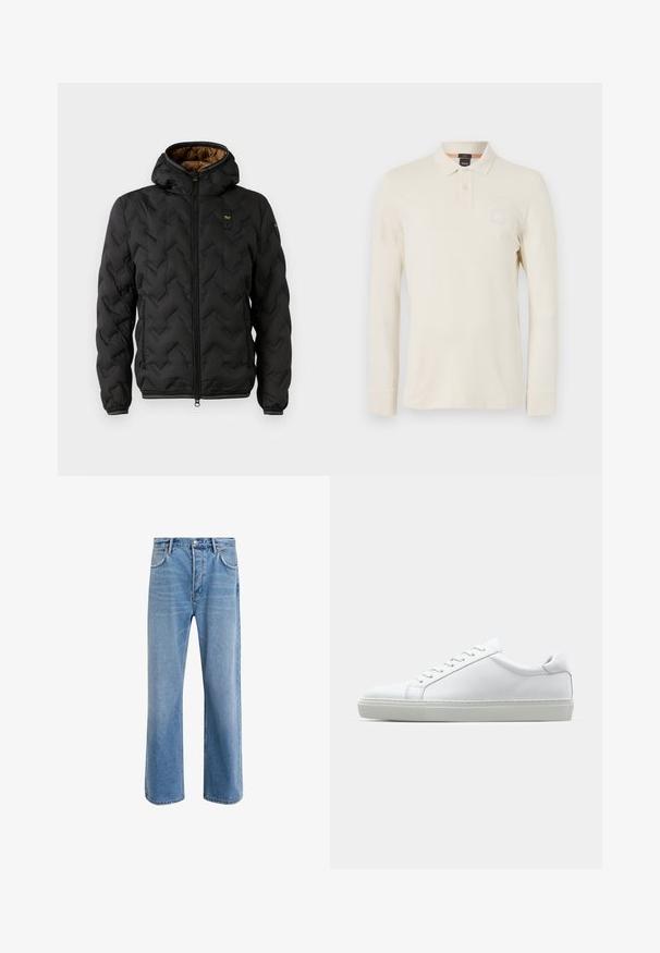 Mustapuffatakki hupparilla, jossa on tikattu vinoraitakuosi, vetoketjuluukku ja elastiset hihansuut. Ruskea sisävuori ja logotiedot.; Paita polo dengan lengan panjang berwarna beige terang, terbuat dari kain halus, dilengkapi dengan kerah polo, placket dua kancing, dan tambalan logo kecil di dada.; Vaaleansiniset farkut suoranlahkeisella muotoilulla, viisi taskua, nappisuljenta, vähäinen kuluminen ja kontrastiväriset ompeluyksityiskohdat.; Valkoinen tennari, jossa on sileä nahkapäällinen ja matala profiili. Ominaisuuksiin kuuluu pyöreä kärki, kuusi rei'itystä ja teksturoitu kumipohja.