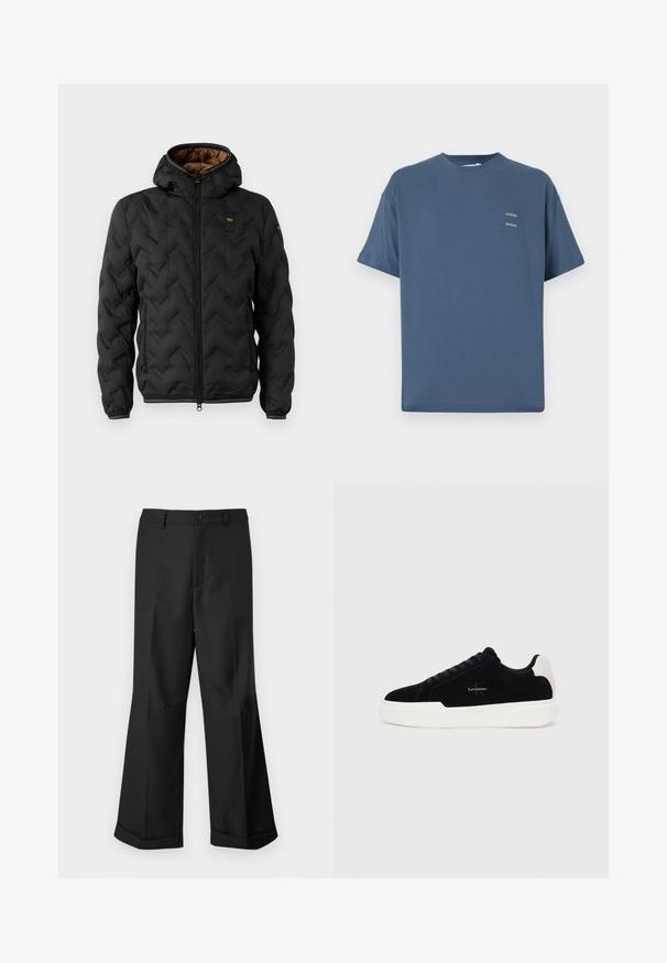 Schwarze Pufferjacke mit Kapuze, ausgestattet mit einem gesteppten Chevron-Muster, Reißverschlussfront und elastischen Bündchen. Braunes Innenfutter und Logodetail.; Helles blaue Baumwoll-T-Shirt mit klassischem Rundhalsausschnitt, kurzen Ärmeln, lockerem Schnitt und zwei kleinen bedruckten Logos auf der Brust. Glatte Oberfläche.; Schwarze weit geschnittene Hosen mit geknöpftem Bund und umgeschlagenen Säumen, vor einem schlichten weißen Hintergrund präsentiert.; Schwarze Low-Top-Sneaker mit weißer Sohle und Fersenkappe, Schnürung vorne und Calvin Klein-Logo an der Seite.
