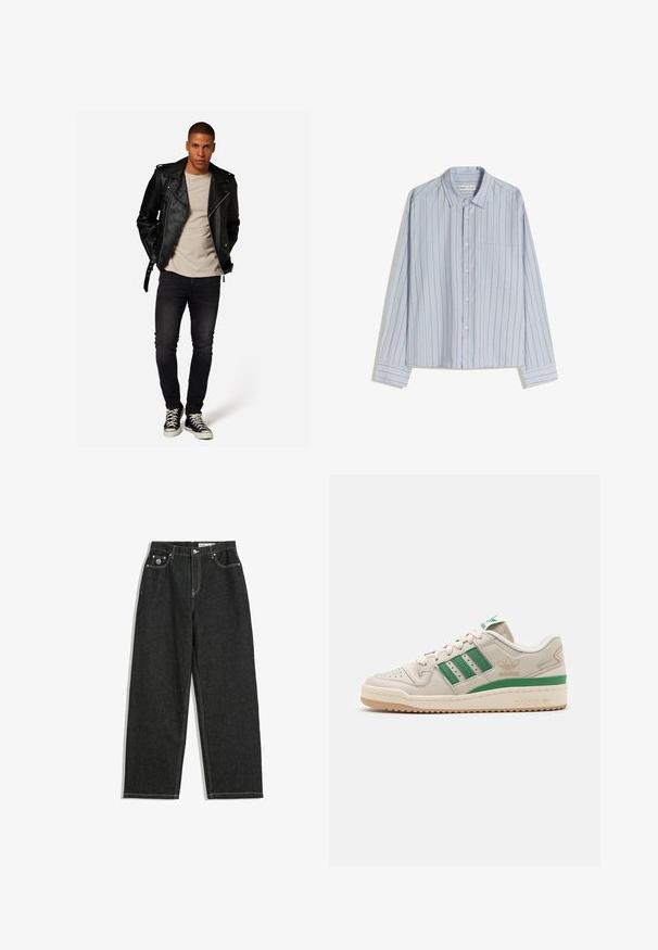 Black leather motorcycle jacket with silver hardware, beige t-shirt, dark jeans, and black sneakers, standing pose against a plain background.; Light blue long-sleeved shirt with narrow vertical stripes in red. Features a button-down collar and a single chest pocket. Cotton fabric.; Black straight-leg jeans with white stitching, five-pocket design, button and zipper closure, and a small logo on the front right pocket.; Adidas sneakers with a beige leather upper, green stripes, and a rubber sole. Features a padded collar and perforated toe for breathability.