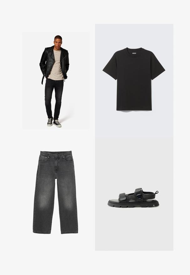 Zwarte leren motorjack met zilveren accenten, beige T-shirt, donkere jeans en zwarte sneakers, in een staande pose tegen een effen achtergrond.; Zwart T-shirt met korte mouwen gemaakt van zachte katoen, met een ronde halslijn en een eenvoudig ontwerp zonder patronen of accenten.; Zwarte denim wijde broekspijpen met subtiele verticale strepen, vijfzakkenontwerp en knoopsluiting aan de voorkant. Versleten textuur bij de zakken.; Zwarte sandalen met een bovenwerk van textuurstof, brede banden, metalen gespaccenten en een dikke rubberen zool met een profielpatroon.