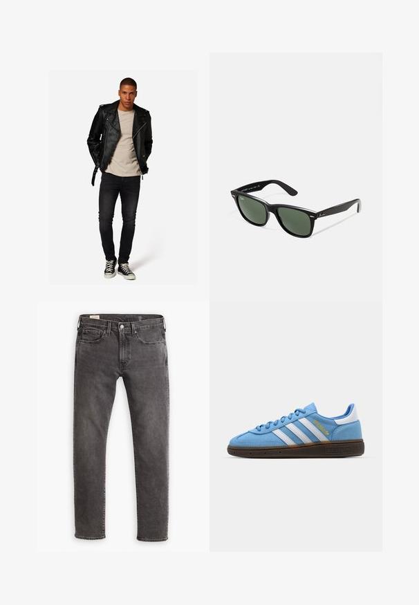 Zwarte leren motorjack met zilveren accenten, beige T-shirt, donkere jeans en zwarte sneakers, in een staande pose tegen een effen achtergrond.; Langsleeve witte t-shirt gemaakt van zachte katoen. Ronde halslijn met rechte zoom en geen zichtbare patronen of graphics.; Grijze denim jeans met een rechte snit, een vijf-pocket ontwerp en een knoopsluiting. Voorzien van subtiele vervaging en tonale stiksels overal.; Lichtblauwe suède sneakers met witte leren strepen, een bruine textuurzool en gouden logo-detail. Laag ontwerp met een ronde neus.; Zwarte plastic zonnebril met groene lenzen, vierkante montuur, zilveren accent op de wenkbrauw en een gestructureerde tempel. Merken vermeld op de binnenkant van de arm.