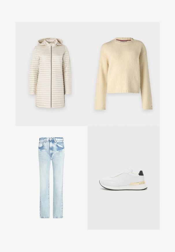 Gaiši beidzokas pūkainais džemperis ar kapuci, kas piedāvā horizontālu stitched tekstūru, pilnīgu priekšējo rāvējslēdzēju un garām piedurknēm. Gluda, spīdīga auduma.; Bežs adīts crewneck džemperis ar garām piedurknēm un ribotām aprocēm un apakšmalu, attēlots uz vienkārša balta fona.; Gai zili džinsi ar taisnu kāju dizainu, piecām kabatām un nolietotu tekstūru. Iekļauj redzamas šuves un klasisku pogu aizdari.; Baltas sporta apavs ar gludu virsmu, ar melnu papēža akcentu un zeltītu metāla detaļu uz vidus zoles. Saista dizains, gumijas zole.