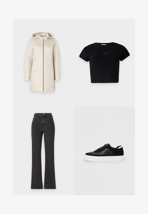 Giacca puffer color beige chiaro con cappuccio, caratterizzata da una texture a righe orizzontali, cerniera frontale completa e maniche lunghe. Tessuto liscio e lucido.; Top corto a maniche corte nero a costine realizzato in materiale morbido, con un sottile logo Calvin Klein al centro. Design semplice e classico.; Jeans neri a vita alta e a zampa d'elefante in denim, con chiusura a bottoni, passanti per cintura e tasche laterali. Texture liscia con minimal fading.; Sneaker nera con pannelli in pelle liscia e suede, lacci piatti, punta arrotondata e suola in gomma bianca. Logo distintivo sul tallone.