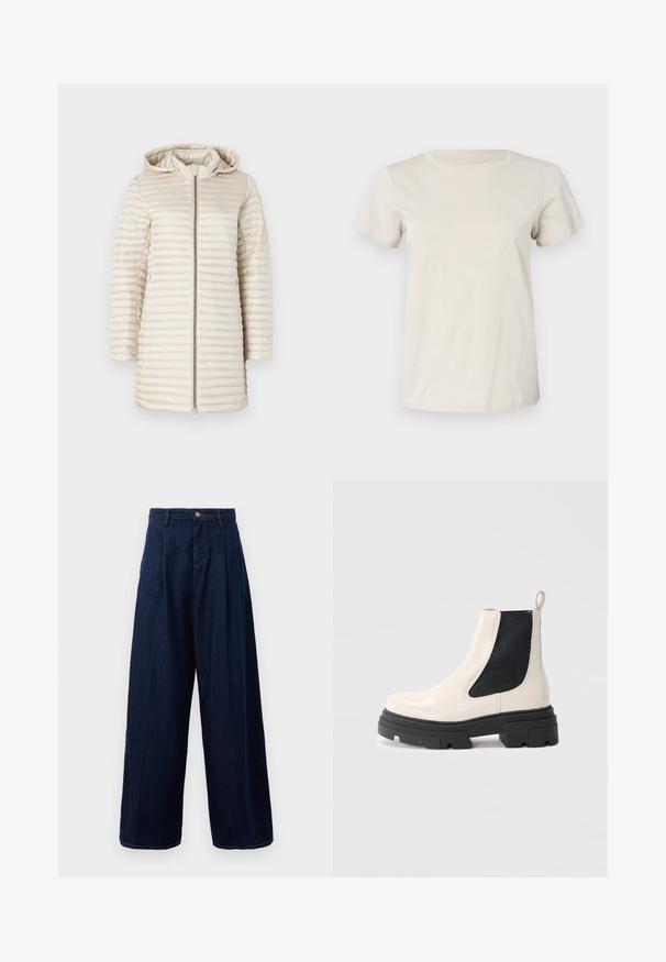 Lichtbeige pufferjack met capuchon, met horizontale gestikte textuur, een volledige rits aan de voorkant en lange mouwen. Gladde, glanzende stof.; Lichtbeige katoenen t-shirt met korte mouwen, een ronde hals en subtiele tekstdetails aan de voorkant. Gladde textuur en een ontspannen pasvorm.; Donkerblauwe denim wijde pijpen broek met een hoge taille, geplooide voorkant en klassieke knoopsluiting, voorzien van zijzakken en contrasterende stiksels.; Crème leren Chelsea boot met dikke zwarte zool en elastisch zwart zijpaneel tegen een plain witte achtergrond.