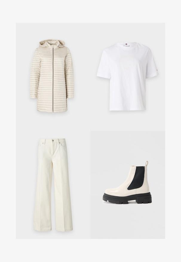 Vaaleanbeige untuvatakki hupulla, jossa on vaakasuora tikkaus, täydellinen etuvetoketju ja pitkähihaiset hihat. Sujuva, kiiltävä kangas.; Valkoinen puuvillapaita, jossa on pyöreä kaula-aukko, lyhyet hihat ja huomaamaton keltainen logomuotoilu, jossa lukee "HILFIGER NEW YORK 1985." Normaali istuvuus.; Valkoiset leveät farkut, jotka on valmistettu puuvillasekoitteesta. Ominaisuuksina vetoketjuluukku, viisi taskua ja ompeleet saumoissa.; Kermavalkoinen nahk Chelsea saapas, jossa on tukevat mustat pohjat ja joustavat mustat sivupaneelit, taustana yksinkertainen valkoinen tausta.