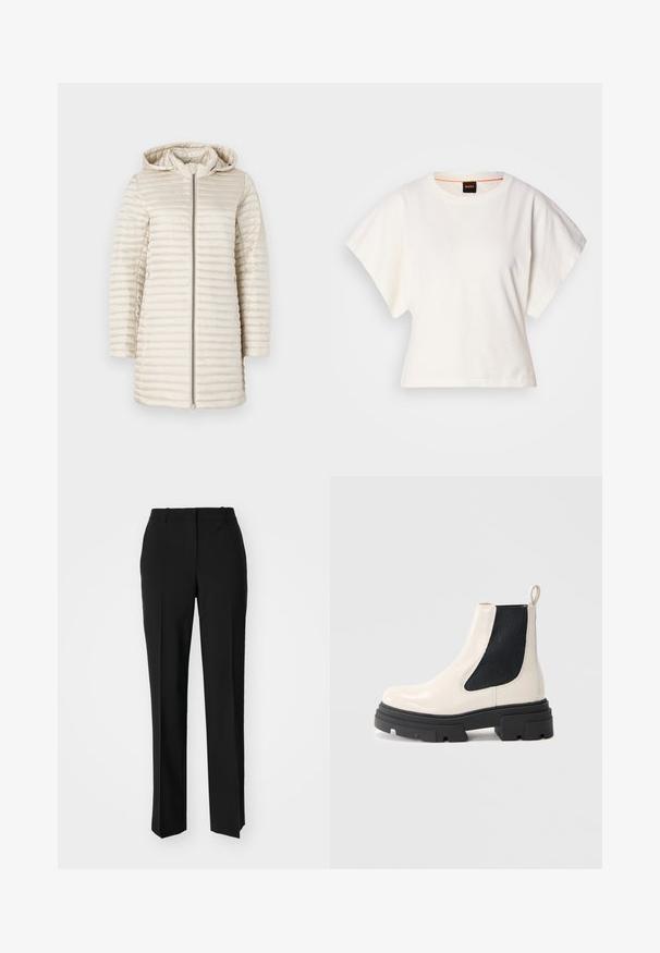 Lichtbeige pufferjack met capuchon, met horizontale gestikte textuur, een volledige rits aan de voorkant en lange mouwen. Gladde, glanzende stof.; Witte gecropte T-shirt, korte brede mouwen, zachte katoenmaterialen, ronde halslijn met subtiele oranje rand, minimalistisch ontwerp, geen patronen of graphics.; Zwarte op maat gemaakte broek met een recht model, voorzien van een soepele textuur en scherpe plooien aan de voorkant. Geen zichtbare hardware.; Crème leren Chelsea boot met dikke zwarte zool en elastisch zwart zijpaneel tegen een plain witte achtergrond.