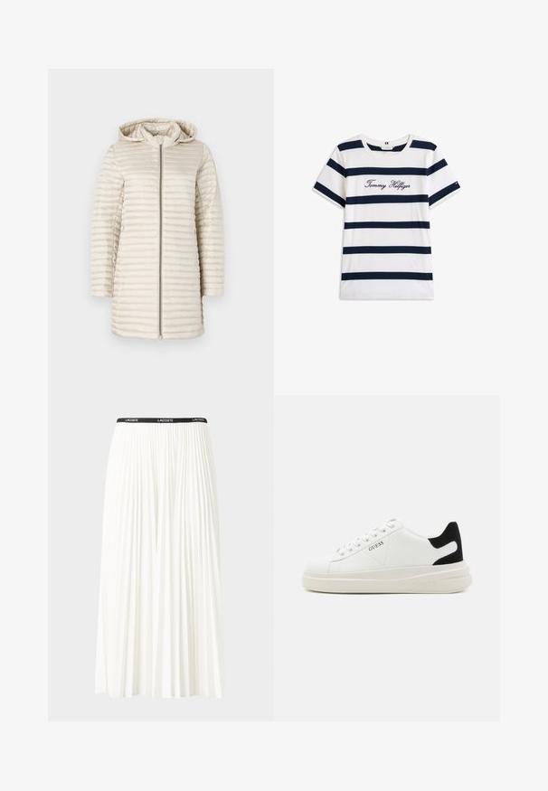 Lysebeige puffer-jakke med hette, med horisontal quiltet tekstur, full frontglidelås og lange ermer. Glatt, blankt stoff.; Koftet laget av bomull har horisontale marineblå striper på hvit bakgrunn. "Tommy Hilfiger" brodert i kursiv på brystet. Rund hals.; Plissert hvit skjørt med en svart elastisk midje som har "LACOSTE"-logoen. Midjelengde design med myk tekstur.; Hvite lær sneakers med tykk hvit såle, svart semsket hælforsterkning og preget logo på siden. Snøresystem med seks hull.