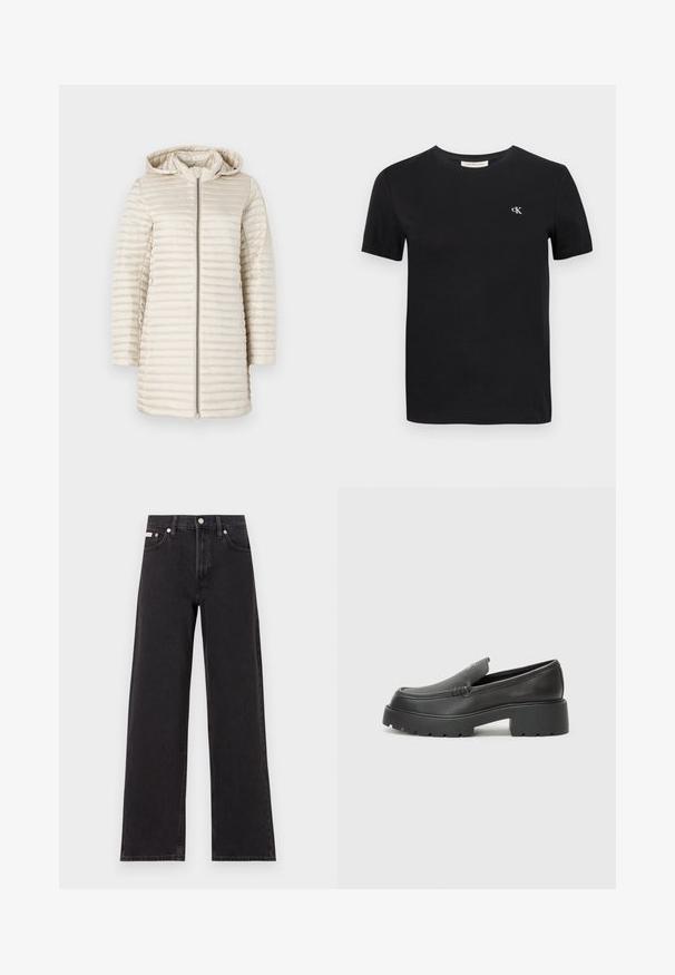 Hellbeige Daunenjacke mit Kapuze, mit horizontal gequilteter Textur, einem durchgehenden Reißverschluss und langen Ärmeln. Glattes, glänzendes Material.; Schwarzes Baumwoll-T-Shirt mit klassischem Rundhalsausschnitt, kurzen Ärmeln und einem kleinen weißen gestickten "ck"-Logo auf der Brust.; Schwarze weit geschnittene Jeans aus Denim mit einem hoch sitzenden Bund, fünf Taschen und einem Metallknopfverschluss mit kontrastierendem Nähte.; Schwarze Lederloafer mit einer abgerundeten Spitze, dicker strukturierten Laufsohle und minimalen Nähten. Schlankes Design ohne sichtbare Schnürsenkel oder Beschläge.