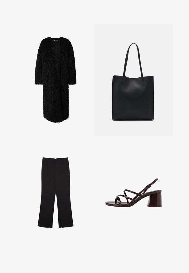 Schwarzer langer Mantel aus flauschigem, strukturiertem Material. Verfügt über einen runden Halsausschnitt, weite Ärmel und ein offenes Design ohne Verschlüsse.; Einfaches schwarzes T-Shirt aus Baumwolle mit kurzen Ärmeln und Rundhalsausschnitt, auf einem weißen Hintergrund dargestellt.; Schwarze Hose mit geradem Schnitt, ausgestattet mit Fronttaschen und Seitenschlitzen am Saum. Hergestellt aus weichem, glattem Stoff. Geeignet für verschiedene Anlässe.; Braune, glänzende Sandalen mit Absatz, die mehrere schlanke Riemen und einen massiven Blockabsatz für Stabilität aufweisen.; Schwarze Laptoptasche aus Leder mit glatter Textur, rechteckiger Form und zwei langen Griffen. Keine sichtbaren Beschläge oder Verzierungen.