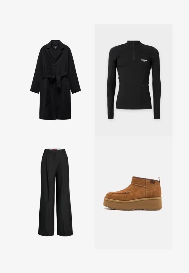 Mango CUCA - Klassischer Mantel - black; Schwarzes Sportoberteil mit langen Ärmeln aus dehnbarem Material, ausgestattet mit einem Viertel-Reißverschlusskragen, seitlichen Taschen und dem "SILENCE"-Logo auf der Brust.; Schwarze weit geschnittene Hose mit maßgeschneidertem Design, mit Falten und einer glatten Stoffstruktur. Klare Linien und keine sichtbaren Beschläge oder Akzente.; Braune Wildleder-Stiefeletten mit runder Zehenform, Plattformsohle und gesticktem Detail. Mit einem Ziehpull-Tab auf der Rückseite für einfaches Anziehen.