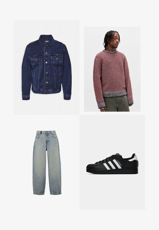 Dunkelblaue Jeansjacke mit einer Knopfleiste, zwei Brusttaschen und einem klassischen Kragen. Sie weist dezente Verwaschungen und Metallakzente auf.; Gestreifter Pullover in Rot und Grau mit rundem Halsausschnitt, gerippten Bündchen und leicht verkürztem Schnitt. Weicher Stoff mit entspanntem Design.; Hellblaue Jeans aus Denim mit lässiger Passform, featuring eine hohe Taille, weite Beine, klassischen Fünf-Taschen-Design und Akzente aus Metall.; Schwarzer Adidas Superstar Sneaker mit weißen Streifen, Schalenzehen und "Superstar"-Schriftzug an der Seite, im Seitenprofil auf weißem Hintergrund dargestellt.