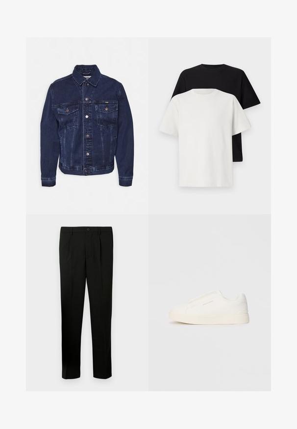 Tumši zila džinsa jaka ar pogu aizdari, divām krūšu kabatām un klasisko apkakli. Iezīmējas ar vieglu izbalēšanu un metāla aparatūras detaļām.; Kokvilnas T-kreklu komplekts, kas sastāv no melna un baltā T-krekla, abi ar īsām piedurknēm, apaļu kakla izgriezumu un standarta piegriezumu. Faktūras audums.; Melnas pielāgotas bikses ar gludu priekšu, diviem krokām, aizdari ar pogu, sānu kabatām un taisna griezuma kājām. Izgatavotas no gludas auduma.; Baltas slip-on sporta apavi ar teksturētu virsmu, biezu zoli un minimālistisku dizainu. Sānos redzams zīmola logotips.