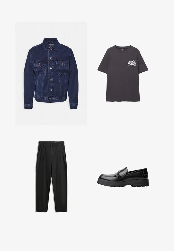 Jachetă din denim albastru închis, cu închidere prin butoni, două buzunare pe piept și un guler clasic. Prezintă decolorări subtile și accente din metal.; Tricou din bumbac gri, cu mâneci scurte, gât rotund și text alb imprimat pe partea stângă a pieptului. Textură moale și croială lejeră.; Pantaloni negri din bumbac cu croială lejeră, având un brâu clasic, plii frontale și buzunare laterale. Textură netedă fără modele.; Mocasini din piele neagră, cu talpă groasă și profilată și bandă decorativă pe partea superioară, prezentati din profil stâng pe fundal alb.