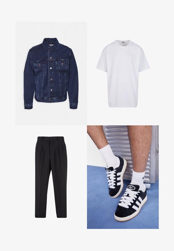 Tumman sininen farkkutakki, jossa napitettava etuosa, kaksi rintataskua ja klassinen kaulus. Sisältää hienovaraisia haalistumia ja metallisia yksityiskohtia.; Valkoinen puuvillainen t-paita, jossa on lyhyet hihat, pyöreä kaula-aukko, rento istuvuus ja ei näkyviä logoja tai kuvioita. Sileä pinta ja minimaalinen muotoilu.; Mustat housut, joissa on laskostettu etuosa, valmistettu sileästä kankaasta. Varustettu nappikiinnityksellä ja vyölenkeillä; suora lahje.; Mustat mokkasneakersit, joissa on valkoiset nauhat ja kolme valkoista raitaa. Kengissä on ympyrän muotoinen musta logo kielen päällä ja kuminen pohja.