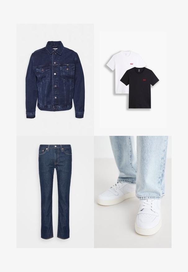 Tumedast sinisest teksapluusist jope, millel on nööbid eest, kaks rinna taskut ja klassikaline krae. Omab kerget kulumist ja metallist aksessuaare.; Kaks lühikeste varrukatega t-särki: üks valge ja teine must. Mõlemad on valmistatud puuvillast ning rinnal on punane Levi's logo. Lihtne ümar kaelus.; Tumed sinised sirged denim teksad oranži õmblustega, viie taskuga ning ees olevate nööbi ja tõmbluku sulgemisega.; Valged nahast madala profiiliga spordijalatsid, millel on perforatsiooniga varvas, lame paelad ja minimalistlik disain. Koos helesiniste teksadega.