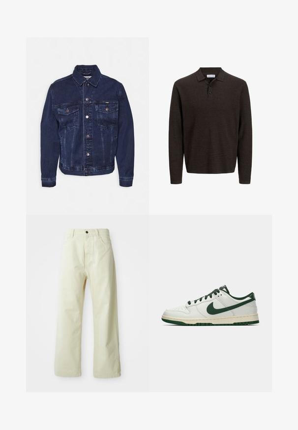 Temno modra jeans jakna z gumbi spredaj, dvema prsni žepoma in klasičnim ovratnikom. Ima subtilno zbledelost in kovinske dodatke.; Rjava polo majica z dolgimi rokavi, izdelana iz teksturirane tkanine. Ima klasičen ovratnik in tri sprednje gumbe. Ohlapen kroj z rebrastimi manšeti.; Svetlo rumene, široke hlače iz denima, z zapenjanjem na sprednji gumb, petimi žepi in ravnim, brez dodatkov oblikovanjem.; Beli nizki športni copat z temno zelenim Nike žigom, vezalnimi trakovi in akcenti na podplatu, prikazan v profilu na praznem belem ozadju.