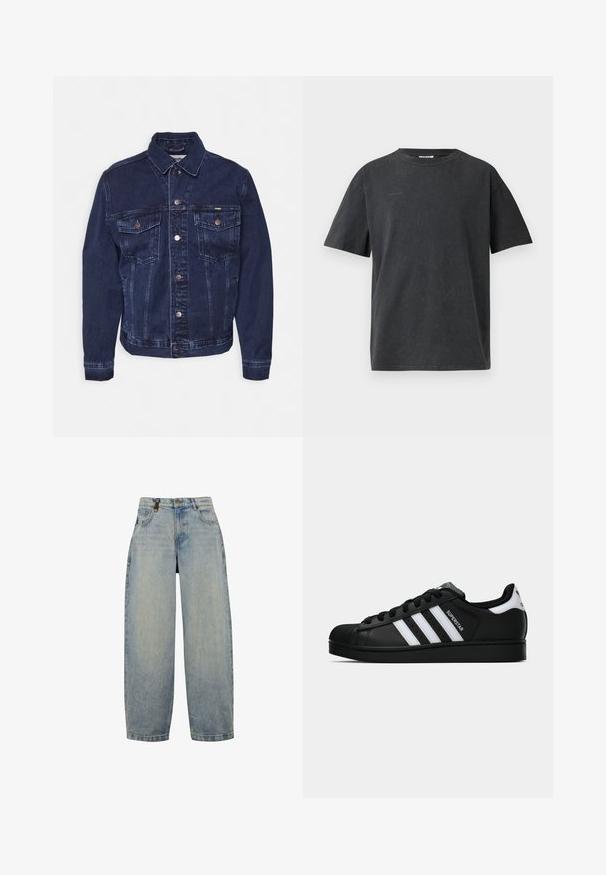 Dunkelblaue Jeansjacke mit einer Knopfleiste, zwei Brusttaschen und einem klassischen Kragen. Sie weist dezente Verwaschungen und Metallakzente auf.; Schwarzes Baumwoll-T-Shirt mit rundem Ausschnitt und kurzen Ärmeln. Es hat eine leicht strukturierte Oberfläche und ein minimalistisches Logo-Detail auf der Vorderseite.; Hellblaue Jeans aus Denim mit lässiger Passform, featuring eine hohe Taille, weite Beine, klassischen Fünf-Taschen-Design und Akzente aus Metall.; Schwarzer Adidas Superstar Sneaker mit weißen Streifen, Schalenzehen und "Superstar"-Schriftzug an der Seite, im Seitenprofil auf weißem Hintergrund dargestellt.