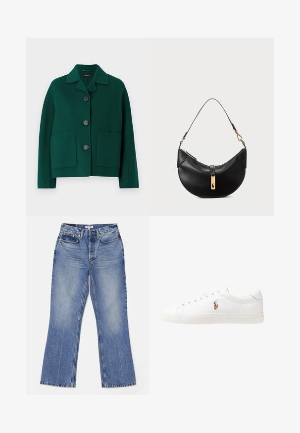 Zaļš vilnas maisījuma žakets ar apkakles izgriezumu, priekšējo pogu aizdari un divām lielām kabatām. Iekļauj brīvu piegriezumu un gludu tekstūru.; Melnas kokvilnas polo džemperis ar garām piedurknēm, ribotām aprocēm un trīs pogu aizdari. Uz krūtīm ir neliels balts logs.; RE/DONE LOOSE - Bootcut piegriezuma džinsi - hacienda; Baltas ādas sporta apavi, zema dizaina, ar gludu tekstūru, noapaļotu purngalu, ar auklēm priekšpusē un nelielu izšūtu logotipu sānos.; Melnas ādas rokas soma pusmēness formas. Iezīmē zelta metāla akcentus un šauru siksniņu. Gluda tekstūra, rāvējslēdzēja aizdare augšpusē.
