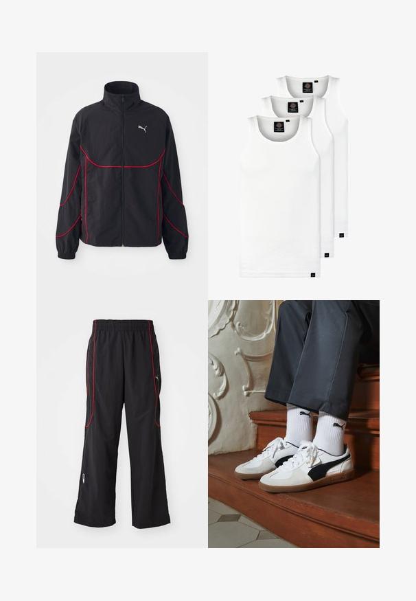 Sort jakke med røde detaljer, høj krave, fuld lynlås, lange ærmer og elastiske manchetter. Har et lille logo på brystet.; Tre hvide ribbede tanktops lavet af bomuld. Har en rund hals og små sorte mærker nær sømmen. Fås i flere størrelser.; Sorte træningsbukser med elastisk talje, rød sidelange, lynlåslommer og en løs pasform. Fremstillet af let, struktureret materiale.; Puma sneakers i hvid og sort ruskind med en brun gummisål. Bæres med hvide sokker med et sort logo og mørke bukser.