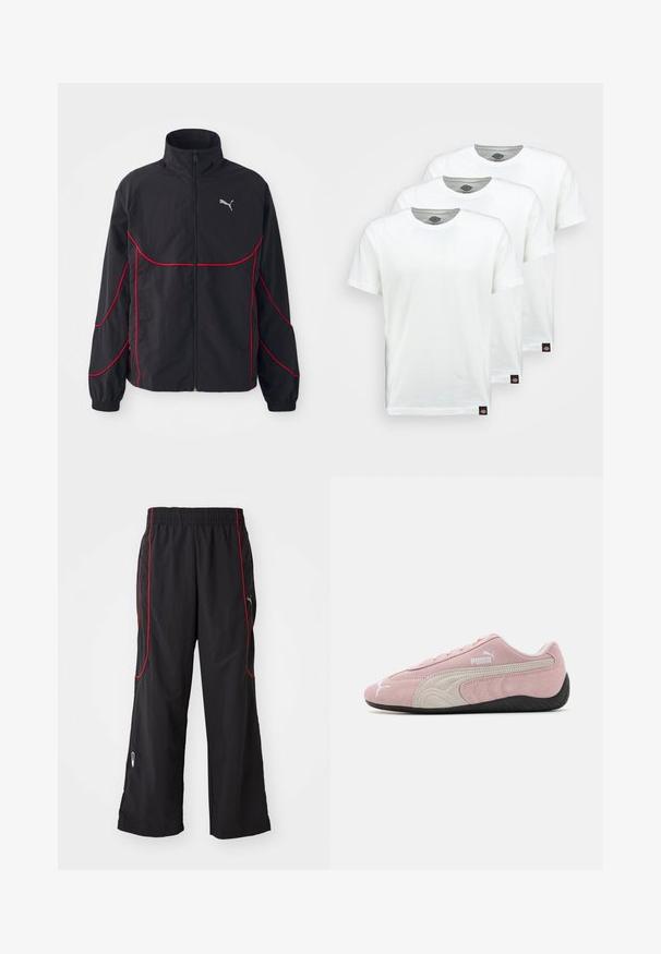 Zwarte jas met rode accenten, hoge kraag, volle rits, lange mouwen en elastische manchetten. Bevat een klein logo op de borst.; Drie eenvoudige witte katoenen T-shirts met korte mouwen. Elk shirt heeft een ronde halslijn en een klein zwart logo-label aan de linkerkant.; Zwarte sportbroek met een elastische taille, rode zijkanten, ritszakken en een losse pasvorm. Gemaakt van lichtgewicht, gestructureerd materiaal.; Roze suedine sneaker met grijze accenten, gestroomlijnd ontwerp, textuur upper en zwarte rubberen zool. Kenmerkt het Puma-logo aan de zijkant.
