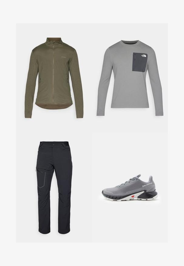 Tamsiai žalia zip-up striukė su tekstūrinėmis ilgomis rankovėmis, juostelėmis ant apvado ir dviem šoninėmis kišenėmis. Krūtinėje „SALOMON“ logotipas.; Ilgų rankovių pilkas marškinis su tekstūruota medžiaga, kuris turi tamsiai pilką krūtinės kišenę ir užtrauktuką. Kišenėje baltas logotipas.; Juodos lauko kelnės su užtrauktuku šlaunies kišenėje, elastinga juosmeniu ir lygiu, vandens nepraleidžiančiu audiniu. Tinkama dizaino forma be matomų logotipų.; Pilkos sportinės bateliai su tekstūruotu tinkleliu, juoda ir balta guma išorėje ir raudona detalė prie kulno. Yra ryšiai ir palaikanti konstrukcija.