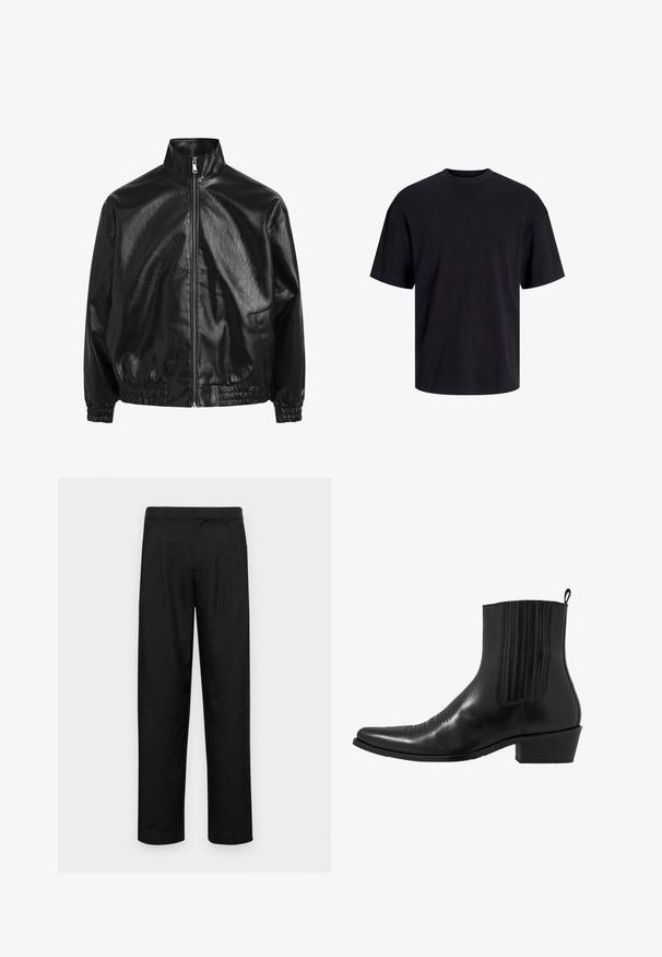 Redefined Rebel JACKET OVERSIZED FIT - Imitert skinnjakke - black; Svart bomull t-skjorte med rund hals, korte ermer og en avslappet passform. Glatt tekstur uten synlige mønstre eller detaljer.; Sorte bukser laget av glatt stoff, med rette ben, to frontfoldninger og standard liv med beltehemper.; Sorte skinn ankelstøvletter med spiss tå, elastiske sidepaneler, vertikale sømdetaljer og en lav blokkhæl.
