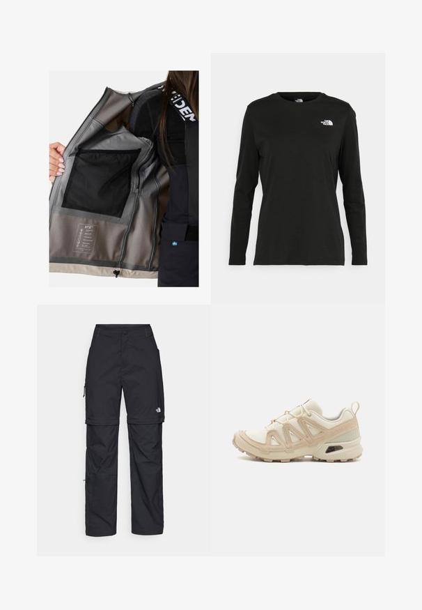 Innenansicht einer wasserdichten Jacke mit grauem Netzstoff, mehreren Taschen und einem Etikett, das Eigenschaften wie Atmungsaktivität und Winddichtigkeit beschreibt.; Schwarzes Langarm-T-Shirt aus Baumwolle mit Rundhalsausschnitt. Verfügt über ein kleines weißes Logo auf der linken Brustseite. Einfaches Design und Passform.; Schwarze Nylon-Zip-Off-Cargohosen mit verstellbaren Bündchen, mehreren Taschen und einem Logo am rechten Bein. Glatte, leichte Textur.; Beige und cremefarbenen Sportschuh mit strukturiertem Mesh-Obermaterial, unterstützenden Überzügen und Gummisohle mit einem Profilmuster für Bodenhaftung.