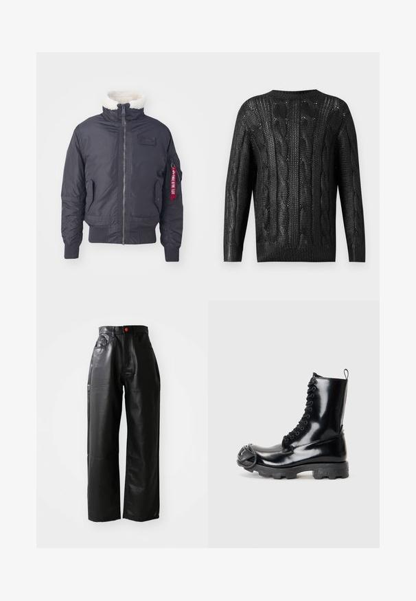 Fekete szigetelt bombázó dzseki műszőrmével a gallérján, elöl cipzárral, oldalsó zsebekkel, bordás mandzsettákkal és egy piros szövet címkével az ujjon.; Fekete kötött pulóver, dróttal mintázva, hosszú ujjú és kerek nyakkivágással, hátulról ábrázolva egy egyszínű háttéren.; Fekete, hosszú ujjú pulóver, puha anyagból készült, kerek nyakkivágással, laza szabással és bordás mandzsettákkal. Minimalista dizájn, minták nélkül.; Fekete műbőr, bő szárú nadrág magas derékkal, látható zsebekkel és piros gomb kiemeléssel, sima, fényes textúrával.; Fekete lakkbőr harci csizma fényes felülettel, fűzős dizájnnal, vastag gumitalppal és jellegzetes elülső fémrészekkel.