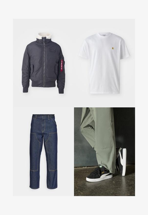 Jachetă bomber izolată, de culoare neagră, cu guler din blană artificială, fermoar frontal, buzunare laterale, mansete ribonate și o etichetă din material roșu pe mânecă.; Tricou alb din bumbac, cu mâneci scurte, gât echipat, având un mic logo auriu în zona stânga a pieptului. Textură moale și croială normală.; Jeans din denim albastru închis cu talie înaltă, design cu picior drept, cusături contrastante și buzunare cu clapă în față.; Adidași negri din piele întoarsă cu tălpi din cauciuc alb și dungi pe lateral, asortați cu pantaloni cargo verzi deschis, stând pe o suprafață texturată întunecată.