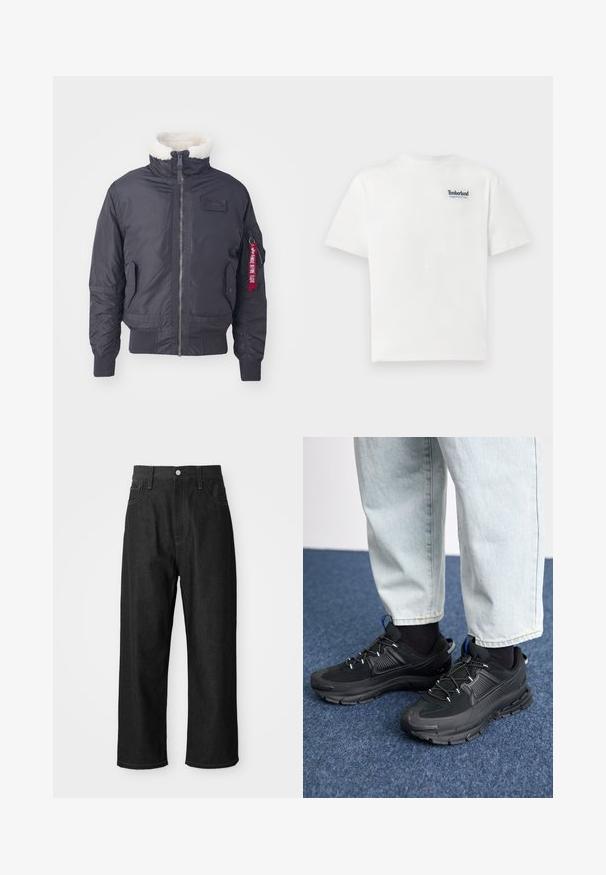 Mustapohjainen eristetty bomber-takki, jossa on tekoturkiskraava, etuvetoketju, sivutaskut, ribatut hihansuut ja punainen kangaslabel hihassa.; Valkoinen puuvillapaita, jossa on sininen brodeerattu "Timberland Rugged Active Gear" -logo vasemmassa ylärinnassa. Lyhyet hihat ja pyöreä kaula-aukko.; Mustat denim-housut, joissa on rento leikkaus, korkea vyötärö, vetoketjusuljenta ja viiden taskun malli. Näkyvät ompeleet korostavat yksityiskohtia.; Mustat urheilukengät, joissa on teksturoitu kangas ja kumipohjat, elastiset nauhat ja sininen yksityiskohta kannassa. Yhdistetty vaaleisiin farkkuihin.